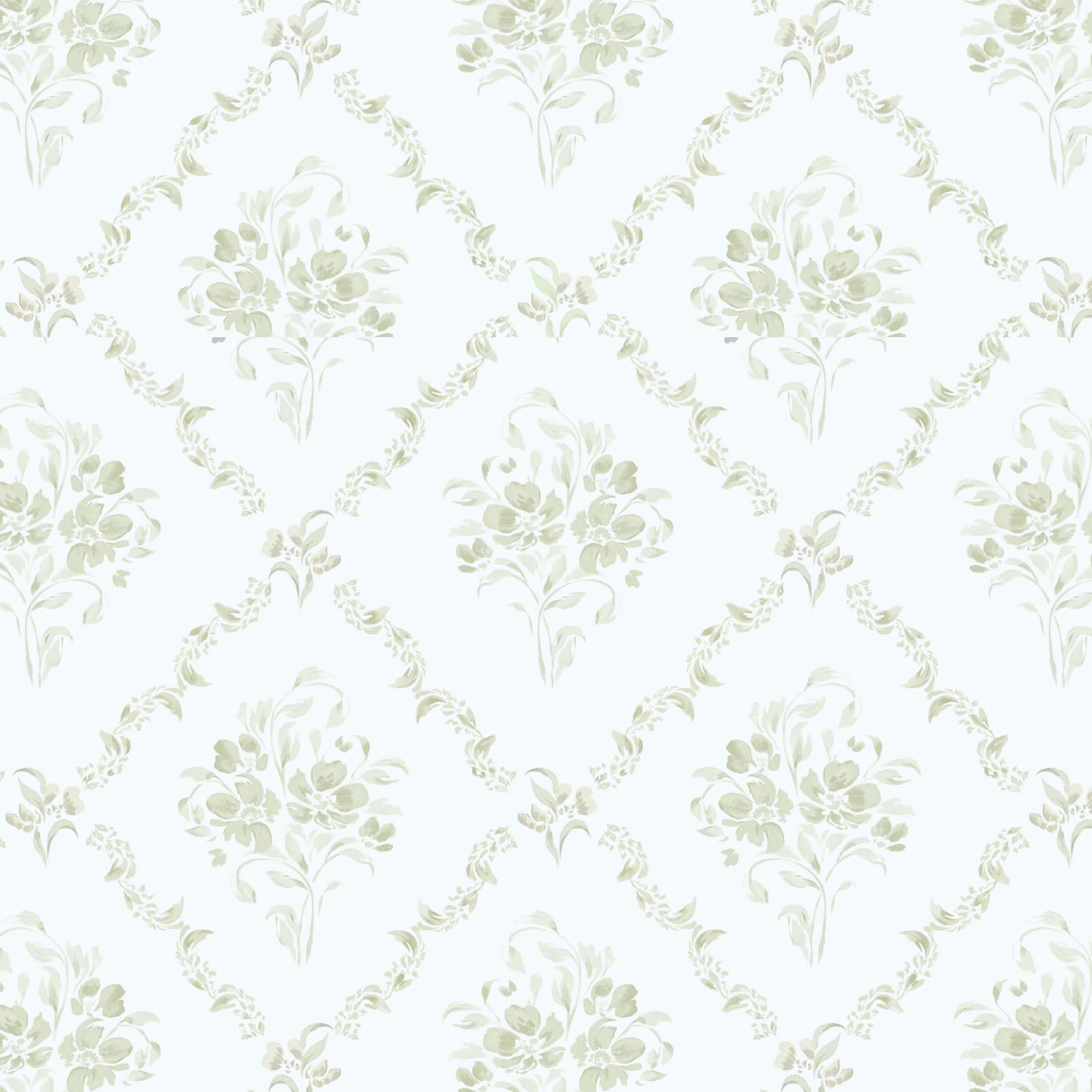 Timeet 44CM x 3M Peel and Stick Wallpaper Sage Green White Self Adhesive Wallpaper Floral Trellis Contact Paper Watercolor Vintage Damask Removable Vinyl Wrap for Bedroom Living Room Wall Decor