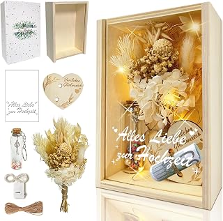 HILKKET Hölzerne Hochzeit Geschenk für Brautpaar, Geldgeschenk Hochzeit mit Ewige Blumen, Holzbox, Kunststoff Reagenzglas, Lichterketten, Wunschflasche, Garn, Hochzeitsgeschenke