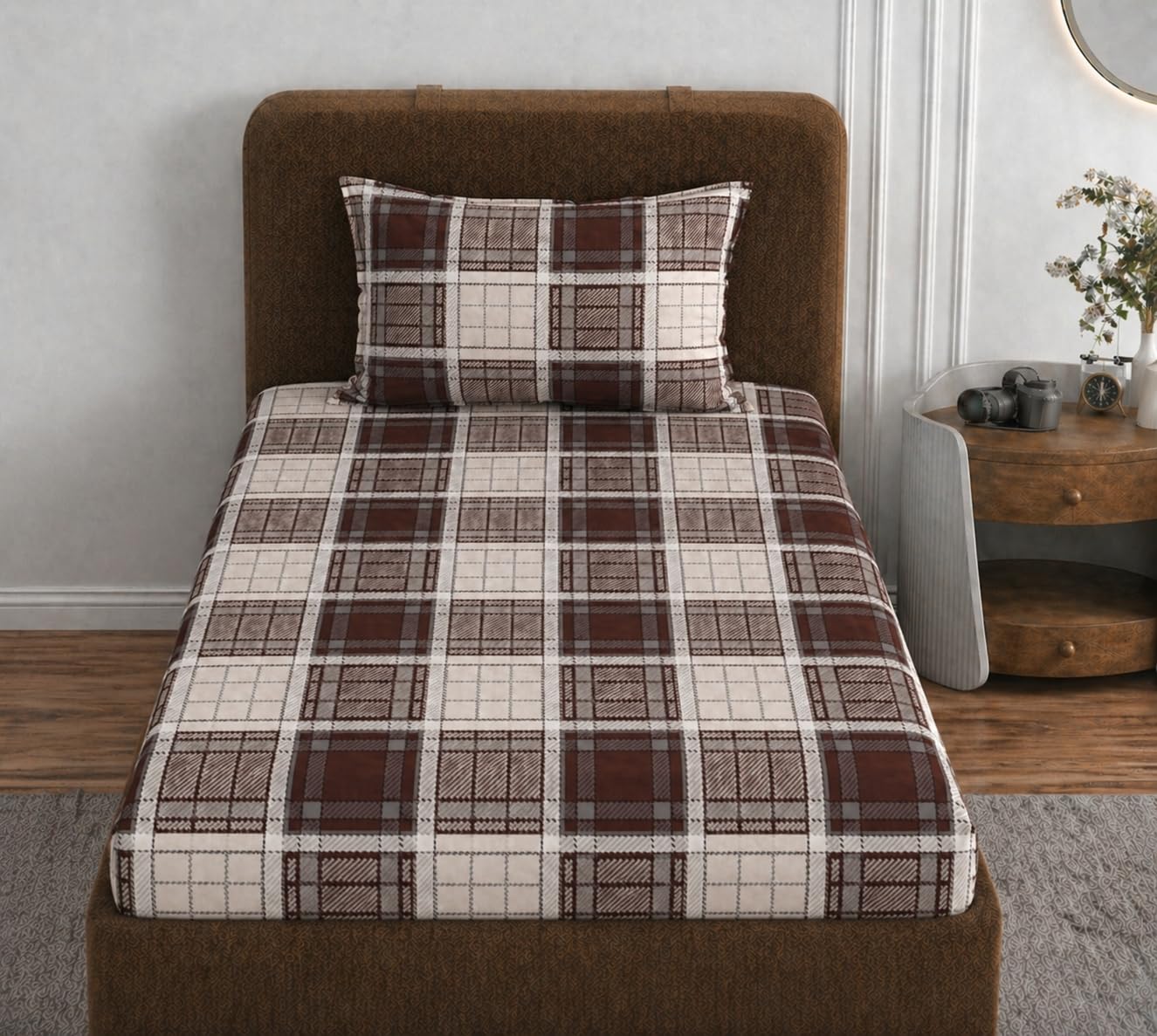 VOMZER 310 TC Cotton Feel All Around Elastic Fitted Bedsheets Single Size, Premium Fitted Bedsheets Single Size for Single Bed with 1 Pillow Covers, Size- 72” x 36” (Coffee Check)