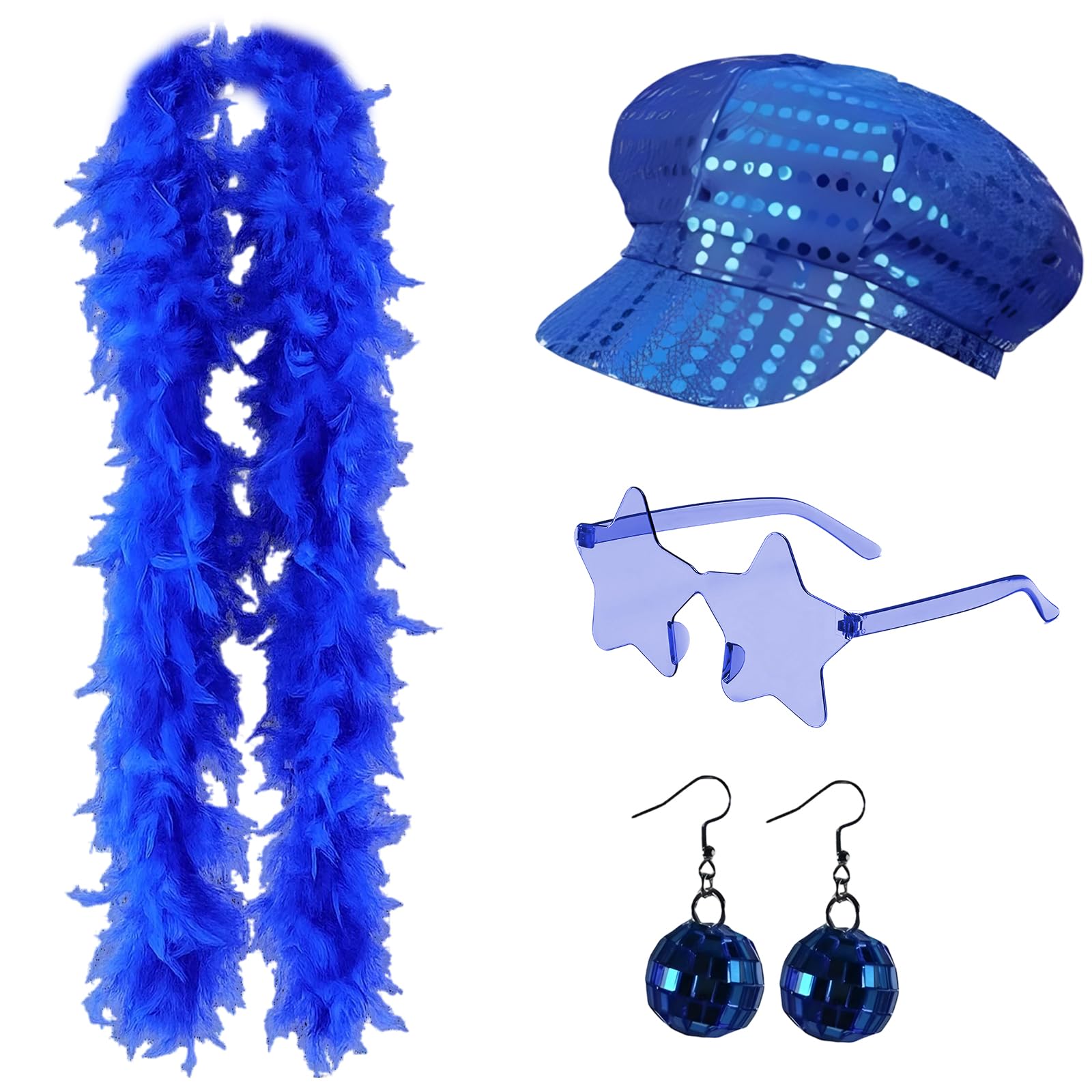 Abba Accessories, 4-Piece Disco Party Set, Retro Style Sequin Hat, Feather Boa, Star Glasses, Funky Earrings for Themed Events, Dance Performances, Halloween and Music Festivals
