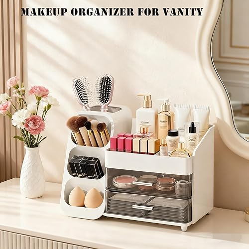 Miniatura 5 de Organizador de maquillaje con soporte para brochas para tocador, espaciosa vitrina de cosméticos con 2 cajones, el organizador de tocador de baño