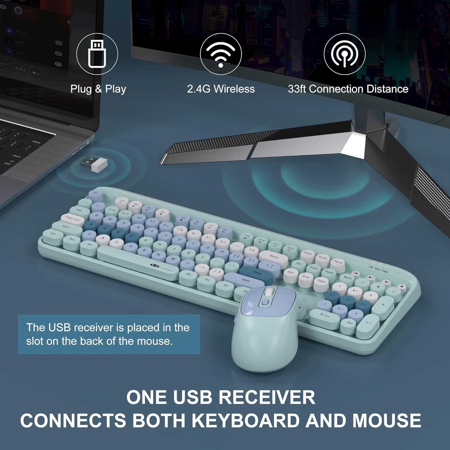 MageGee Wireless Keyboard and Mouse Combo Round keycaps Retro Typewriter Keyboard 104 Key Full-Sized Keyboard Automatic Power Saving 2.4GHz Wireless Connection for Mac/Windows/PC