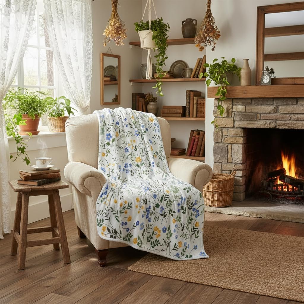 Spring Floral Throw - Blue & Yellow Watercolor Floral Blanket for Couch Sofa Camping, Farmhouse Cottagecore Flowers Bedding Decor, Soft Warm Flannel Throw for Women Girls, 60X70