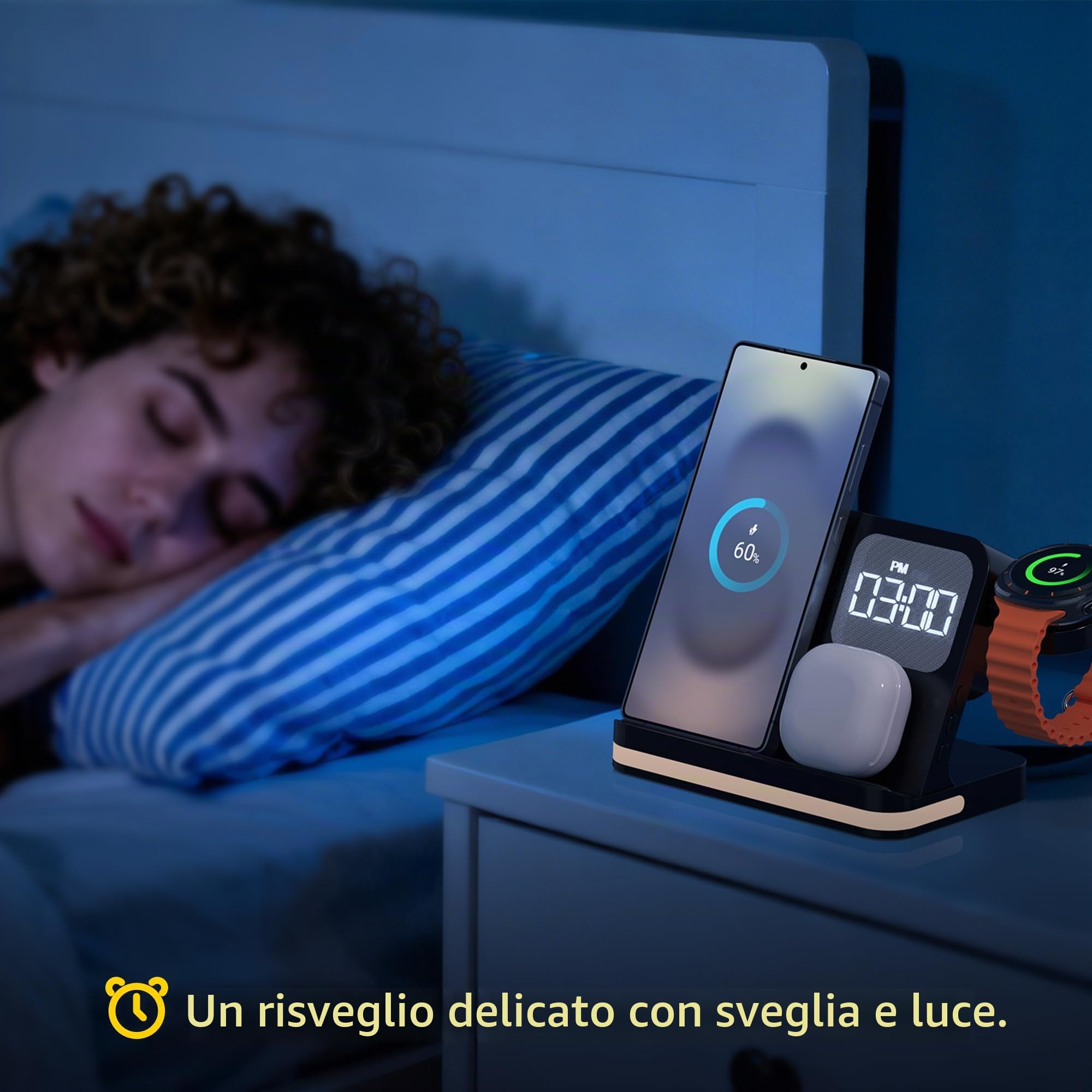 Stazione Ricarica per Samsung, 4 in 1 Wireless Sveglia Luce LED: Caricatore Comodino Rapido Compatibile Galaxy S25, Watch 7/Ultra/6, Buds 3 Pro