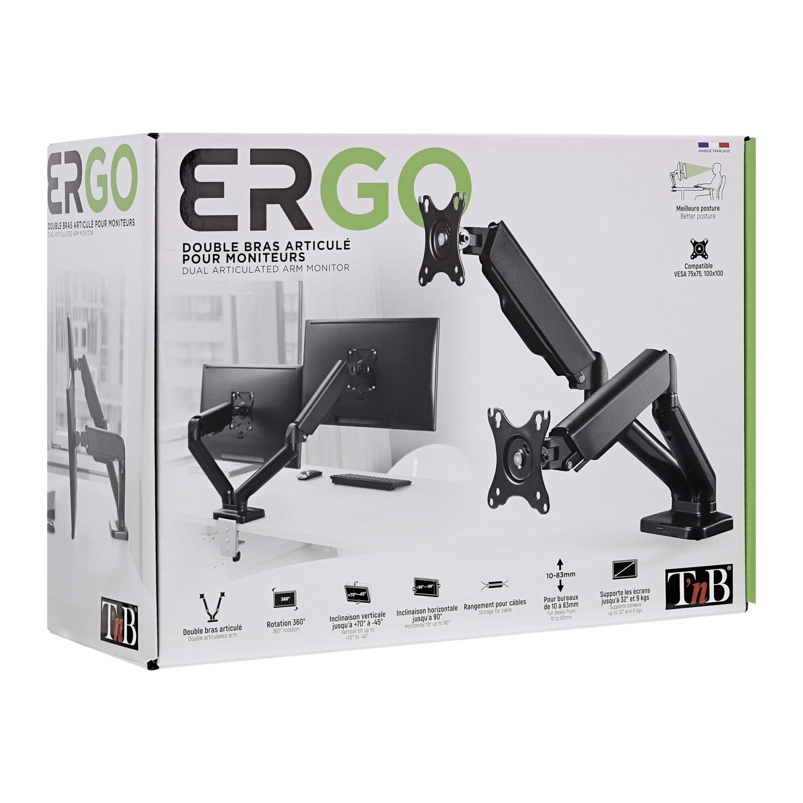 Tnb - TNB ERGO LINE - Double bras support articulé pour moniteur - noir