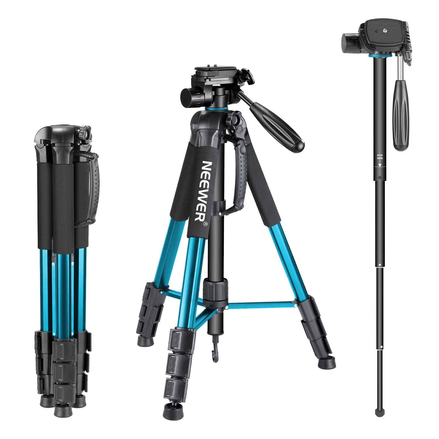 NEEWER Portable Camera Tripod for Travel Vlogging Recording, Aluminum Alloy 2 in 1 Tripod Monopod Max. 70" with 3 Way Swivel Pan Head and Carrying Bag for DSLR, DV Video Camcorder (SAB264, Blue)