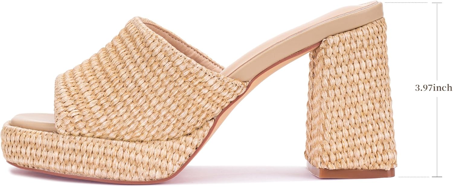 Heeled Sandals for Women Raffia Platform Heels Espadrilles Beach Summer Shoes Chunky Block Heel Slip On Open Toe - Image 5