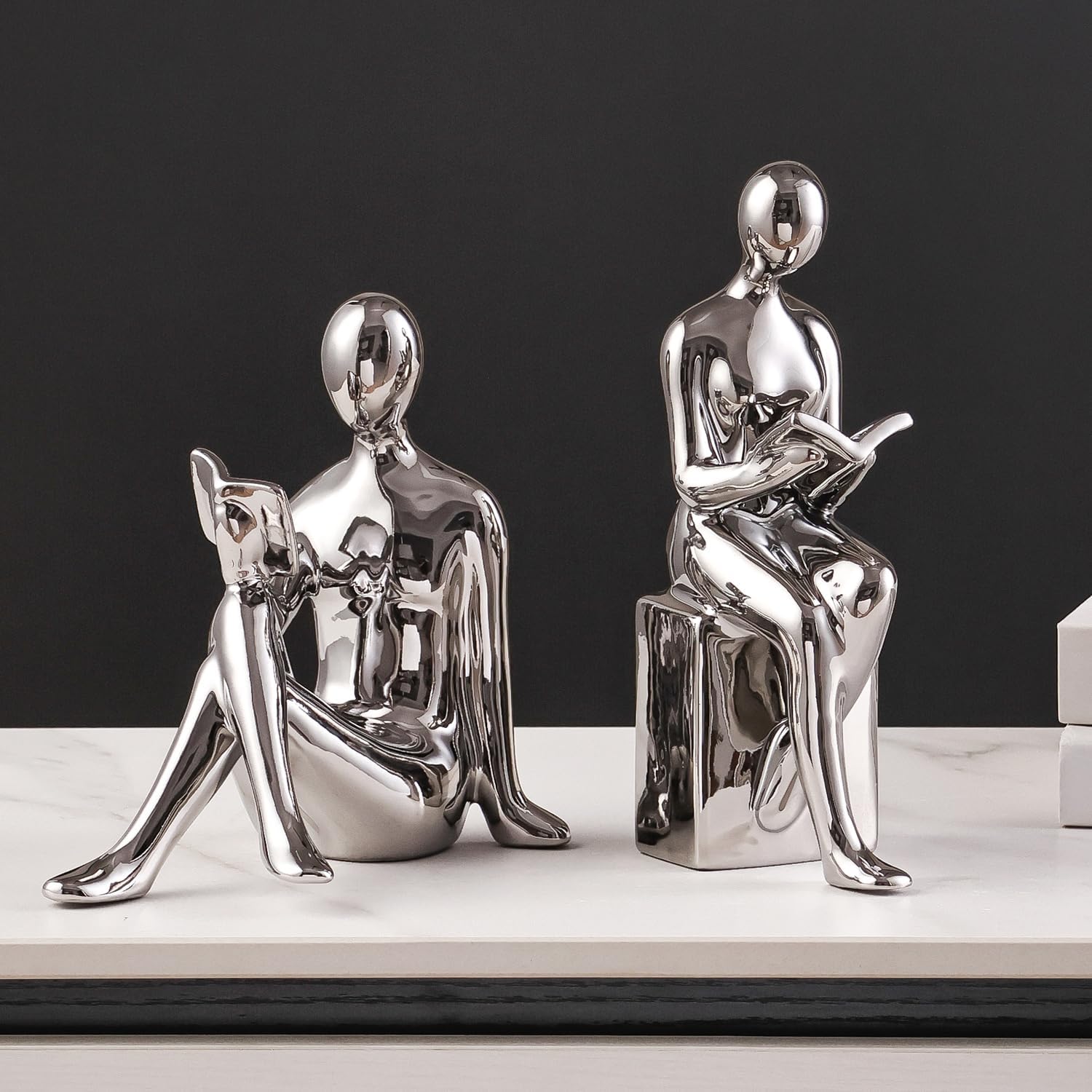 Ceramic Decorative Bookends, Book Ends for Shelves, Home Office Decor Aesthetic Statues Book Holders Stoppers for Bookshelf, Table, Bedroom Living Room Decoration (Silver)