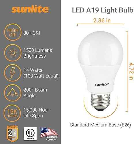 Miniatura 2 de Sunlite 41145-SU - Bombilla LED A19 superbrillante, no regulable, 14 (equivalente a 100 vatios), 1500 lúmenes, base mediana (E26), certificación UL,