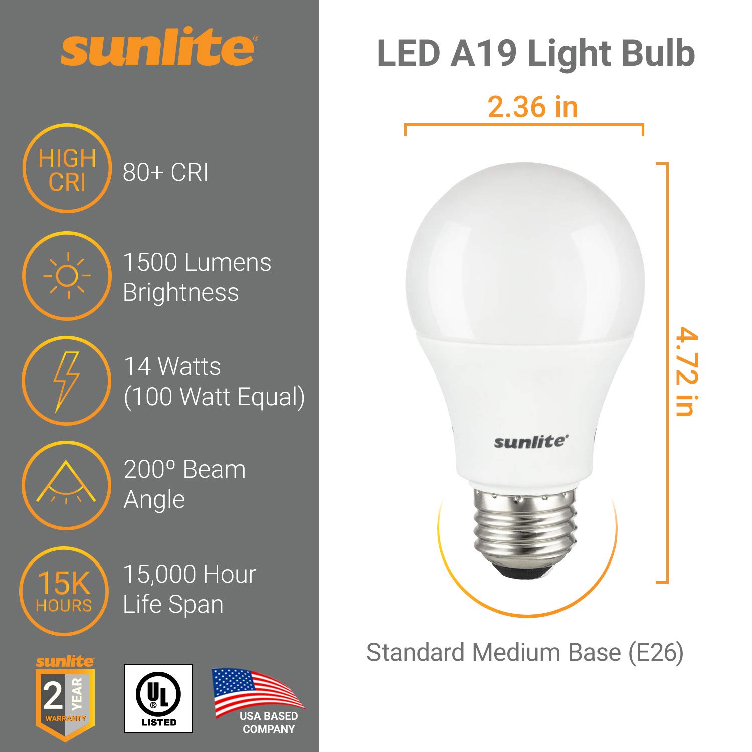 Sunlite LED A19 Super Bright Light Bulb Non-Dimmable 14 100 Watt Equivalent 1500 Lumens Medium E26 Base UL — view 2