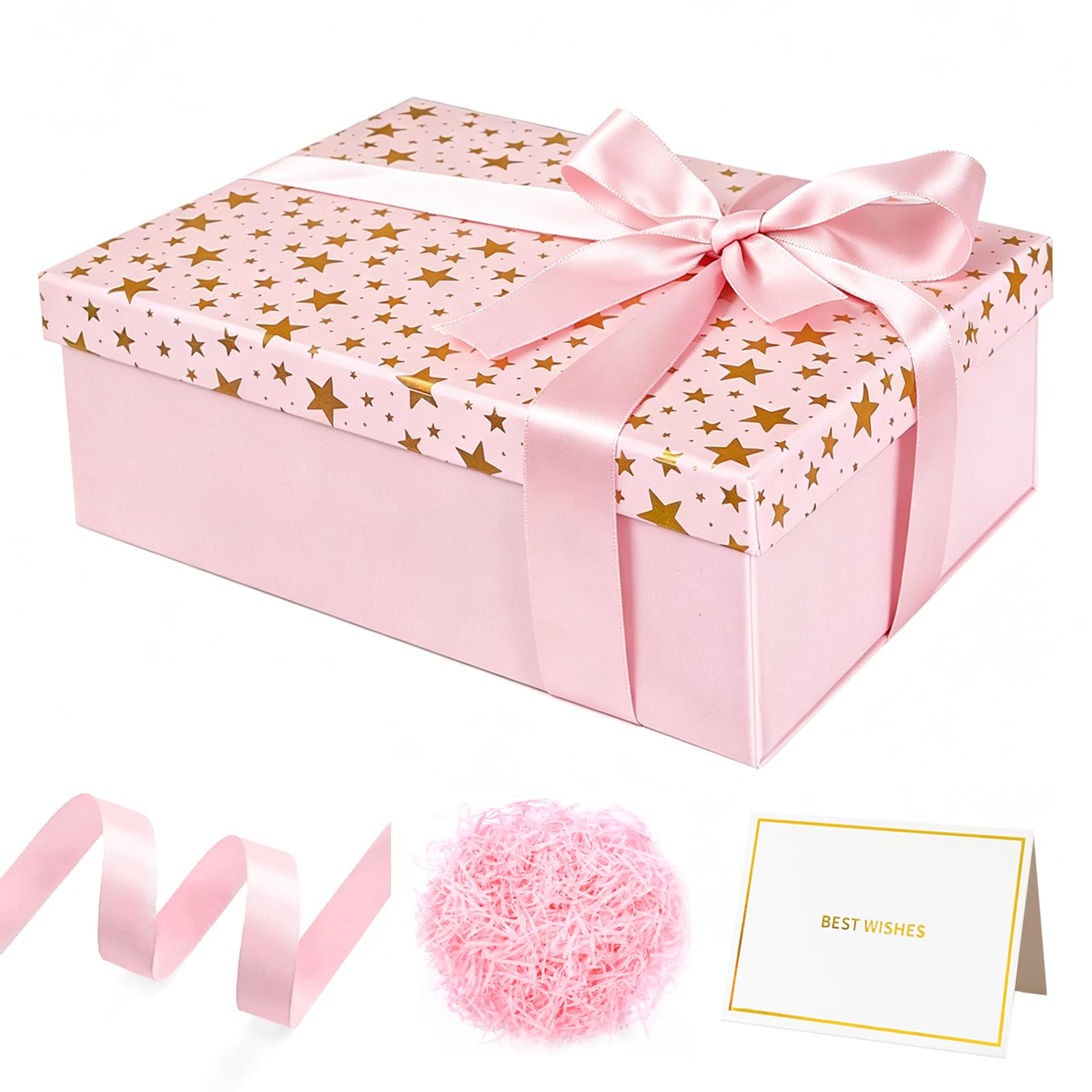 Large Gifts Boxes for Presents, Star Gifts Boxes with Magnetic Lids, Birthday Box with Card, Ribbon, Filler for Kids Men Women Birthday Wedding Anniversary, Christmas (Pink)