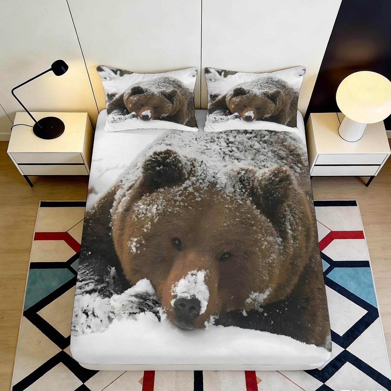 3D Printed Brown Bear Fitted Sheet Microfiber Soft Breathable Winter Snow Mattress Cover for Bedroom Dormitory Guest Room Protection Decor 200x200x25cm