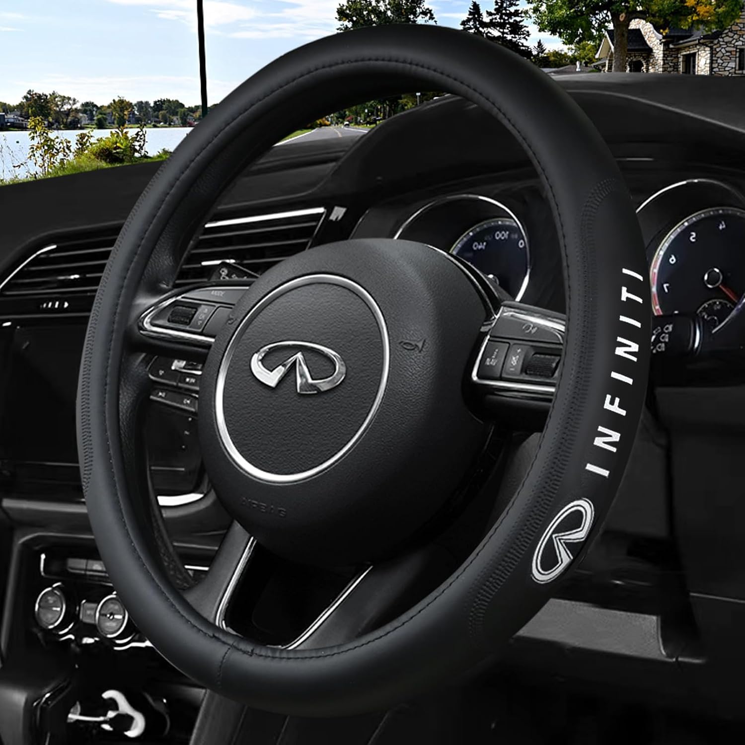Custom Fit Steering Wheel Cover for Infiniti Non-Slip Nappa Leather with Free 2 Car Coasters and USB- Fast Charging Cable