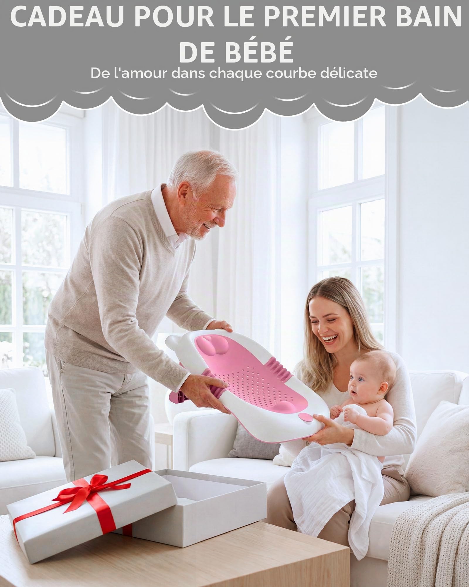 Baignoire pliable pour bébé avec support, siège de bain nouveau-nés, ventouses antidérapantes 0-6 mois