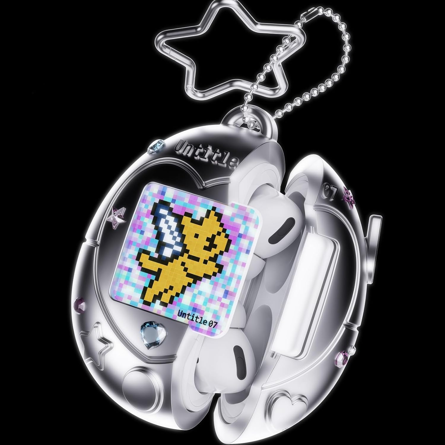 Virtual Pet AirPods Case, Pink Kawaii Tama gotchi Style Protective Cover with Star Keychain, Replaceable Pet Cards, Glitter Stickers for AirPods 4/Pro 2/1 (Silver, Airpods Pro 1/2)