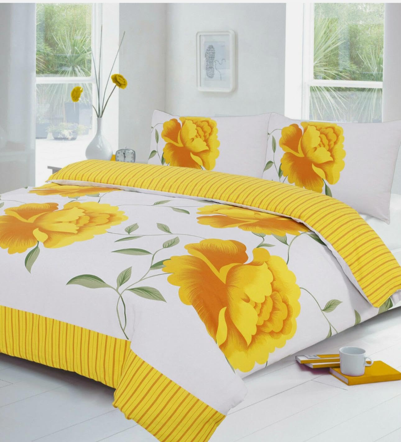 Bluemoon Bedding Rosaleen Duvet Cover Set Floral Reversible Bedding Set With Pillowcase (Yellow, Double)