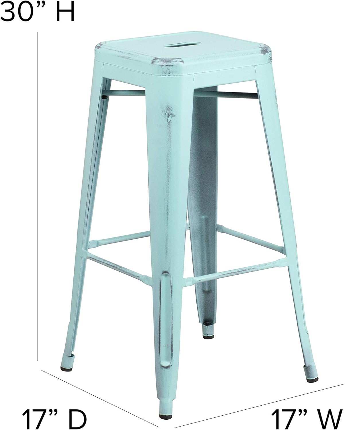 BizChair Commercial 30" H Backless Distressed Green-Blue Metal Indoor-Outdoor Barstool