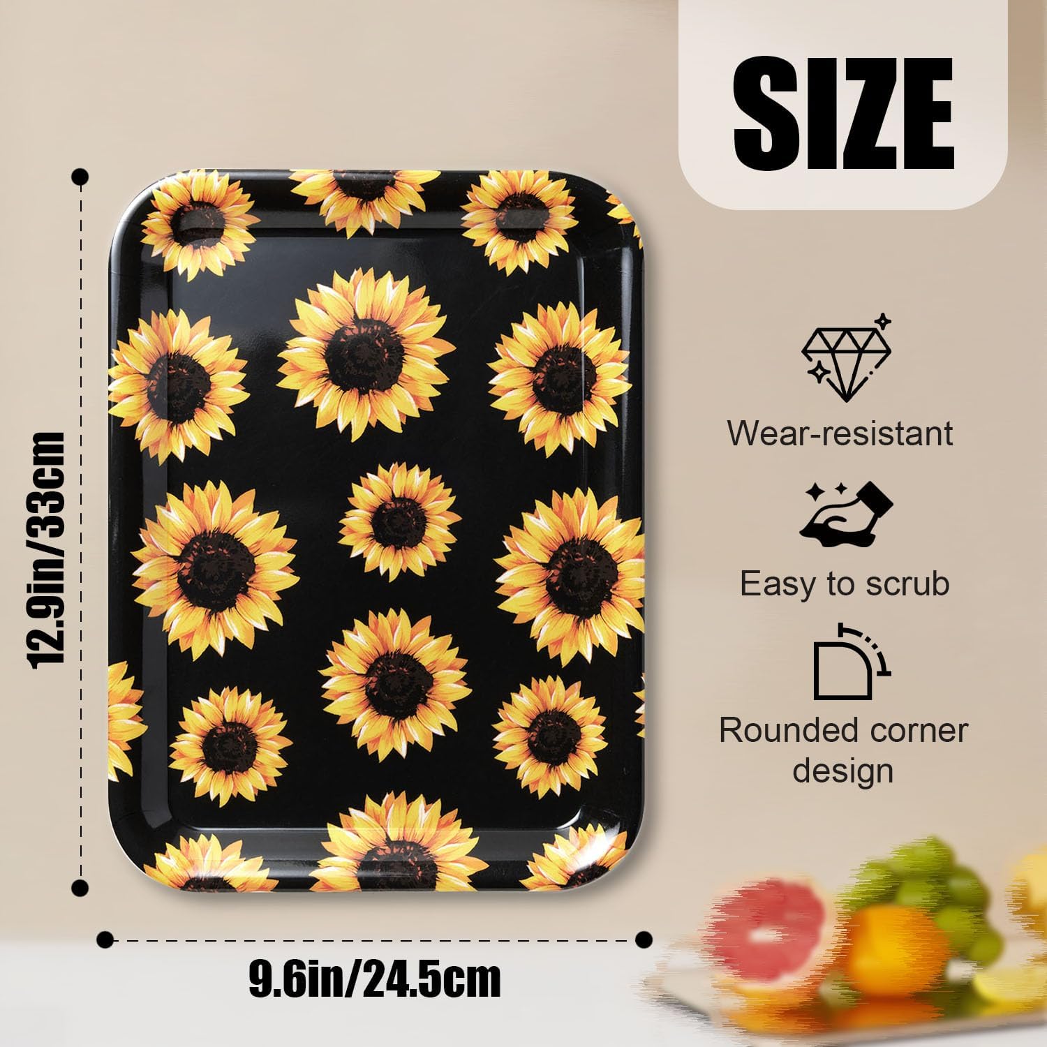 Serving Trays, 12.9 x 9.6 inch Rectangular Plastic Tray for Restaurant, Kitchen,Yellow Sunflowers On A Black Background image 2