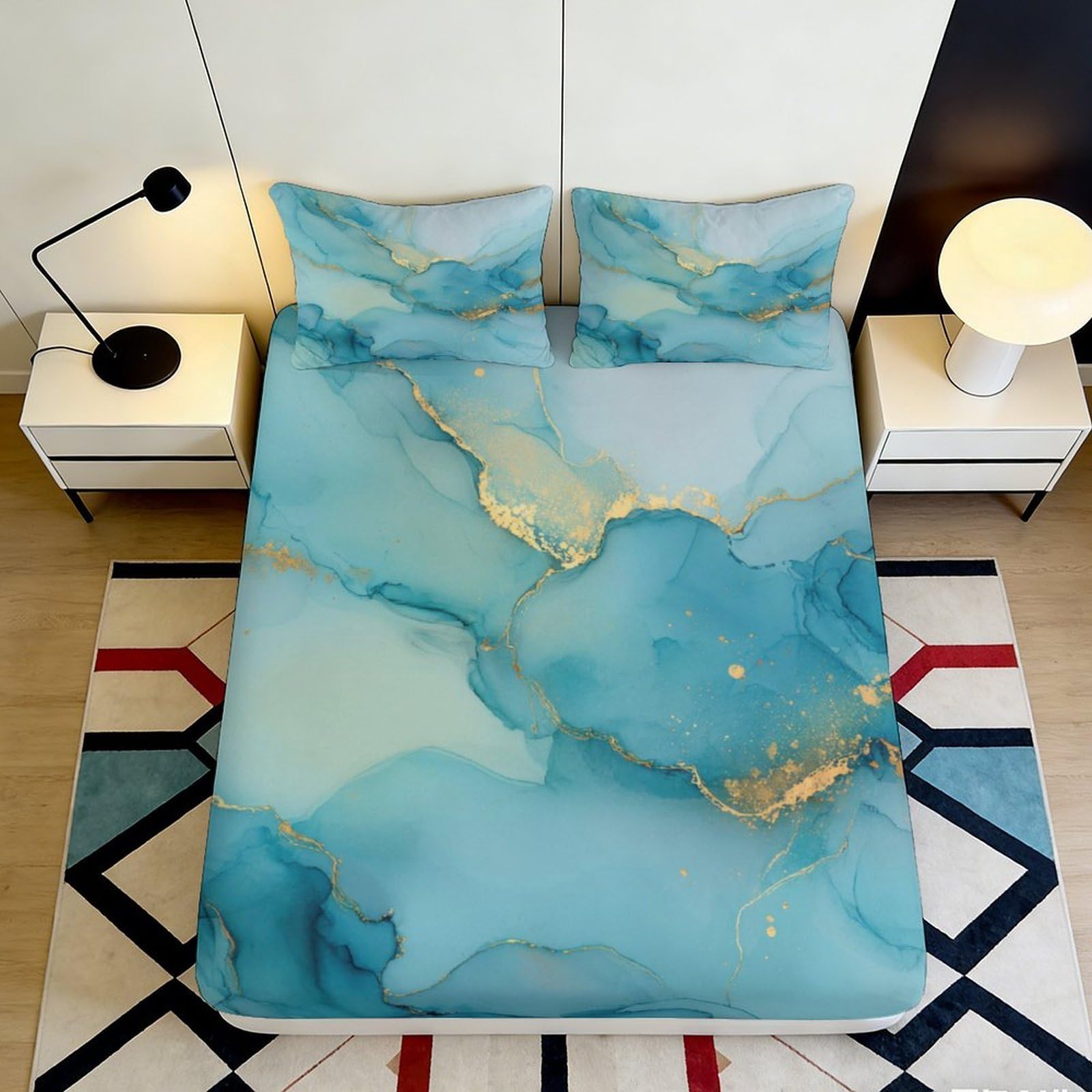3D Printed Watercolor Blue Fitted Sheet Microfiber Deep Pocket Bedroom Bedding Marble Mattress Fitted Cover Elastic 120x200x25cm