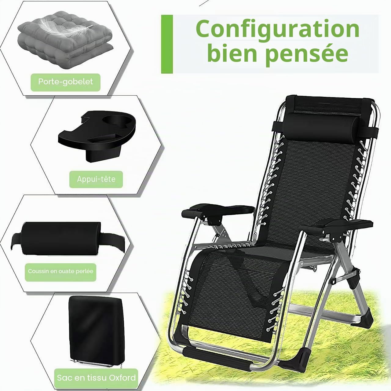 Chaise Longue Pliante Gravité Zéro avec Coussin Amovible & Appui-Tête Réglable, Cadre Acier Anti-Humidité, 65cm, Charge 200kg, Sac & Plateau Latéral Inclus, pour Jardin et Balcon, Noir*2