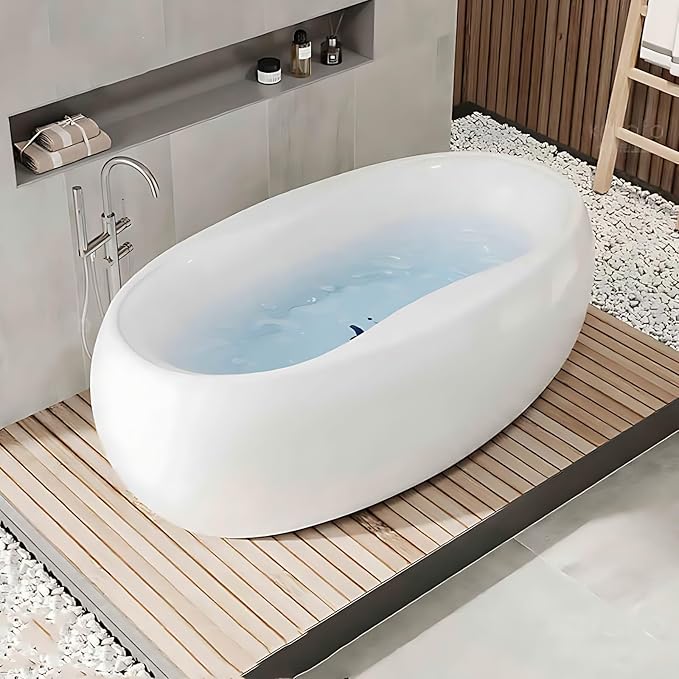Modern Freestanding Bathtub - Oval Stone Resin Soaker Tub with Multi-Layer Insulation, Large Capacity, Ergonomic Design, for Luxury Bathrooms (Floor-mounted faucet - silver, 62"(L) x31"(W) x23.4"(H))