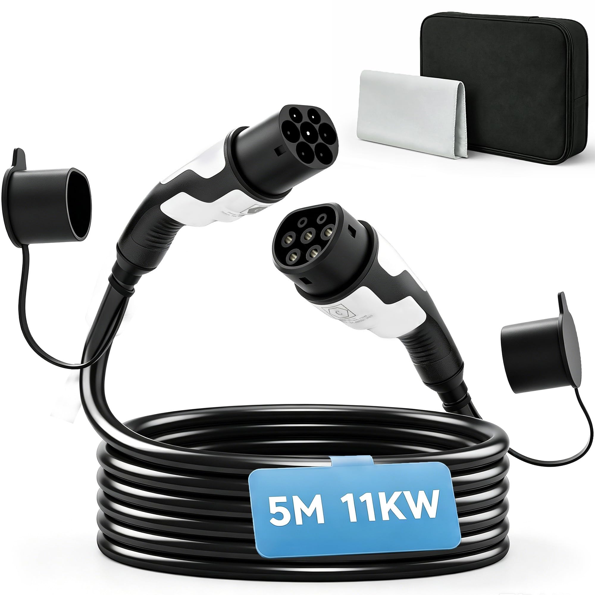 HOMCOM Typ 2 EV Ladekabel 11 kW 16 A Mode 3 5 m für Wallbox & Ladestation | 3-Phasen, Inkl. Reinigungstuch & Transporttasche, Schnellladekabel, EVs/PHEVs