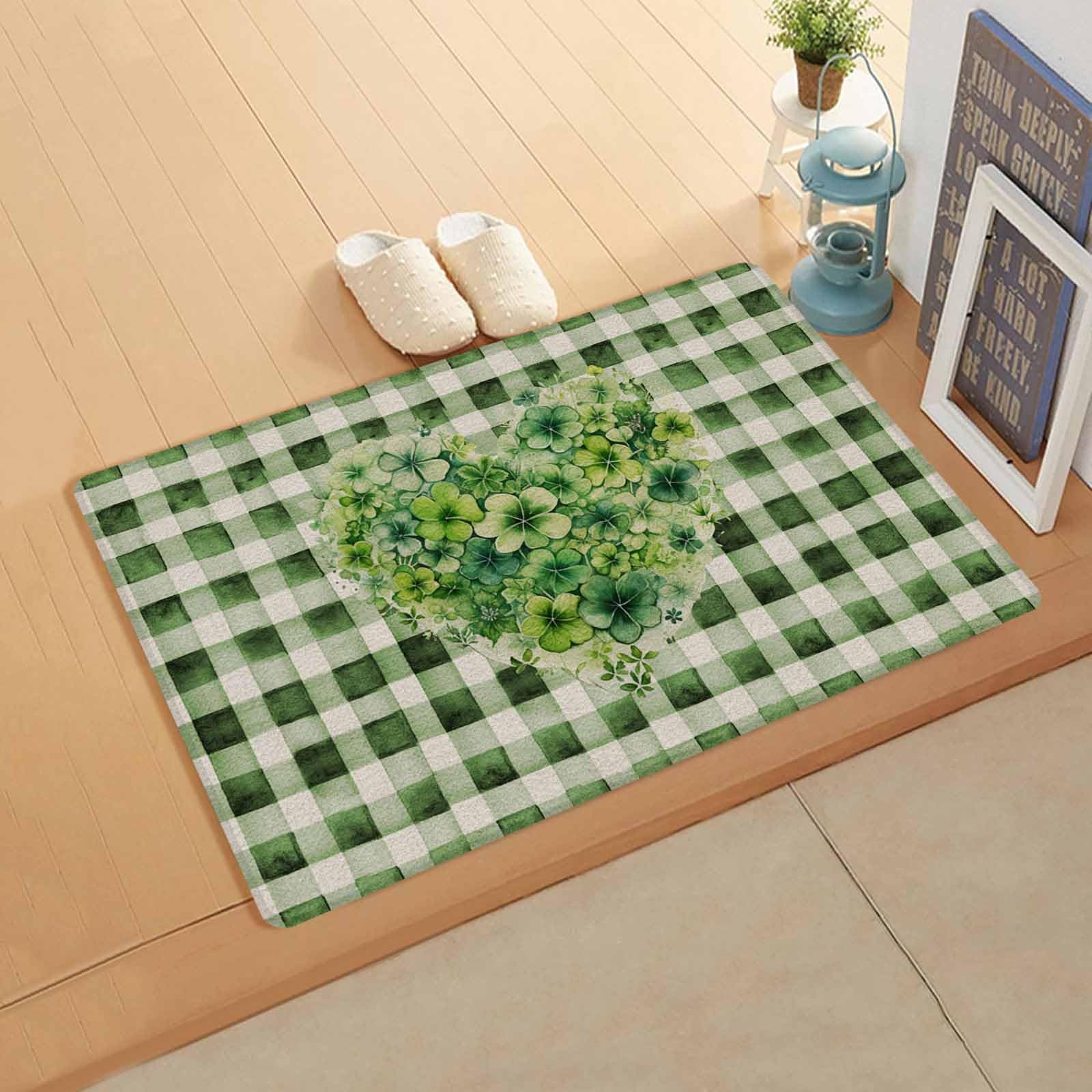 Buffalo Plaid Love Kitchen Bath Door Mat Cushioned Runner Rug,Washable Welcome Floor Sink Antifatigue Mat,Waterproof & Non-Slip Comfort Standing Doormat,St. Patrick's Day Green Plant 18