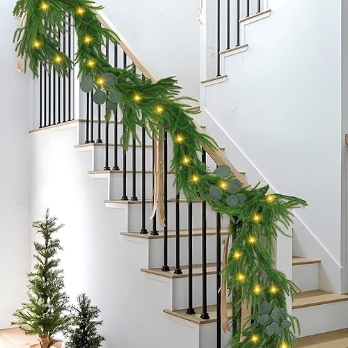 Miniatura 5 de Norfolk - Guirnalda de pino con luces, guirnaldas de imitación de 6 pies con hojas de eucalipto, guirnalda de vegetación de Navidad para repisa,