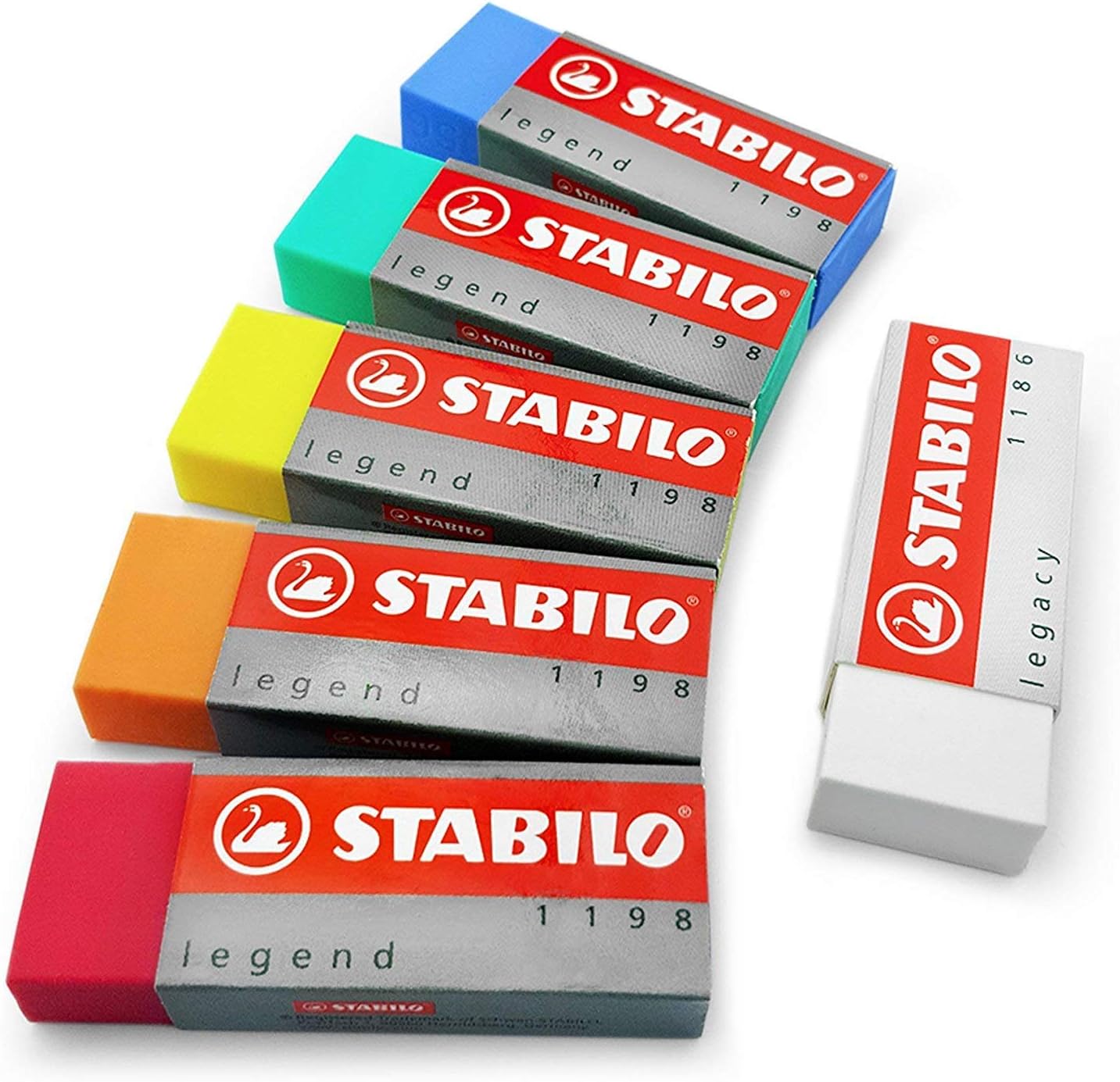 STABILO Legend & Legacy Plastic Rubber Eraser Mixed Set of 6 Erasers - One of Each Colour