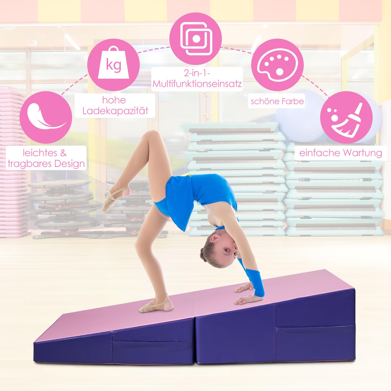 COSTWAY Ukośna mata gimnastyczna, miękka mata podłogowa w kształcie klina, składana, 2 w 1, z uchwytem do noszenia, mata sportowa, mata fitness dla dzieci, do domu, na siłownię, 150 x 75 x 36 cm