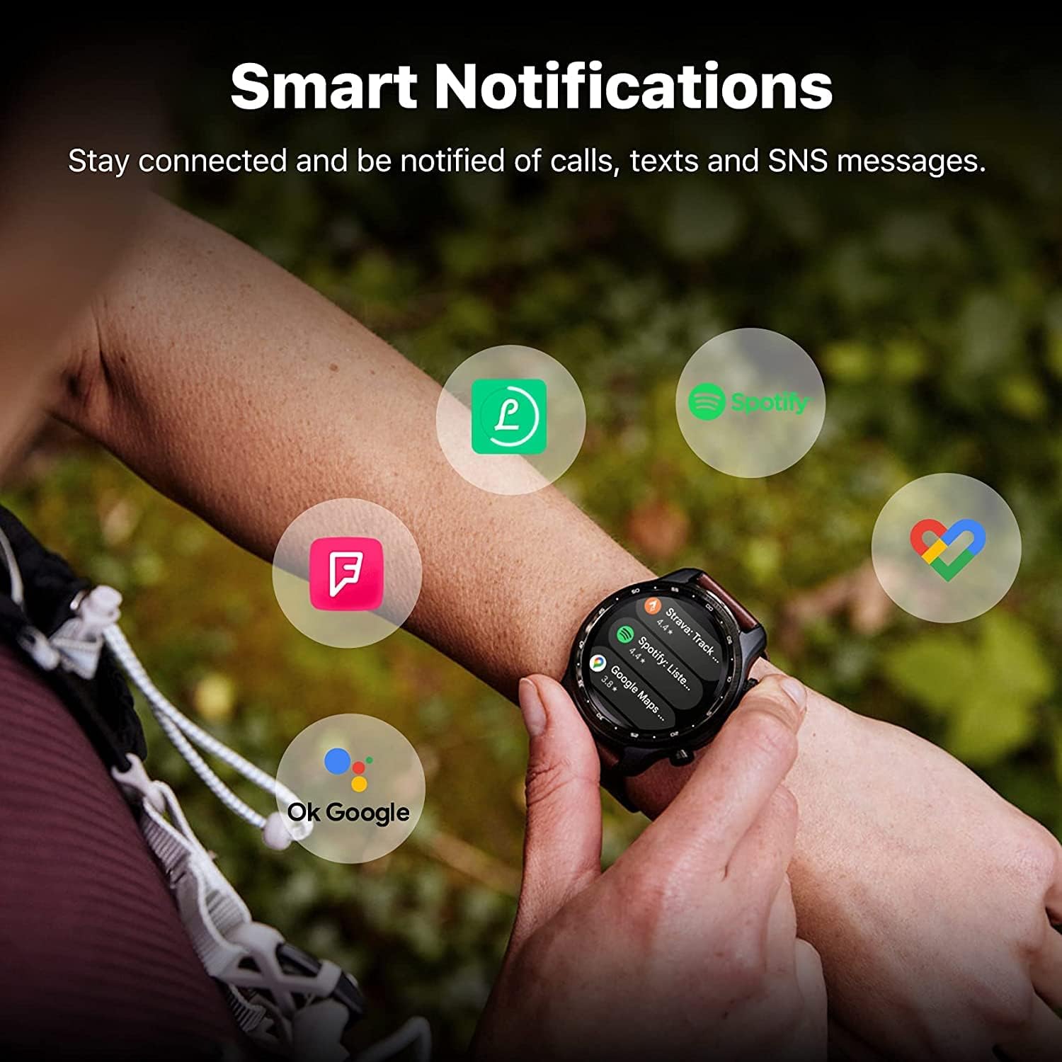 TicWatch Pro 3 Ultra GPS displaying smart notifications from various apps like Spotify and Google Maps.