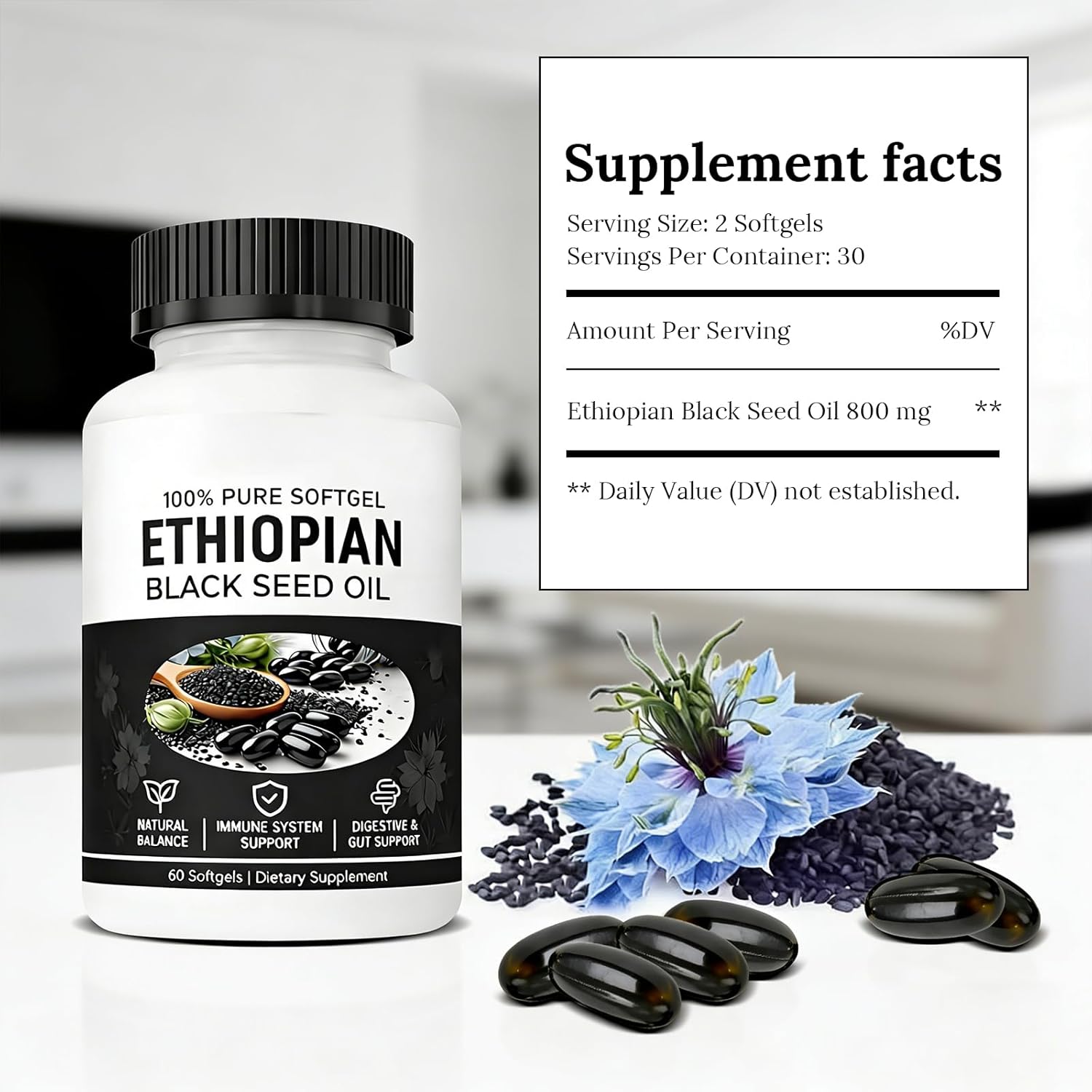 TIMESS Purely Ethiopian Black Seed Oil Capsules, Purely Nutrient Ethiopian Black Seed Oil, Organic Cold Pressed, Non-GMO, Gluten-Free, 60 Softgels (2 Bottle)