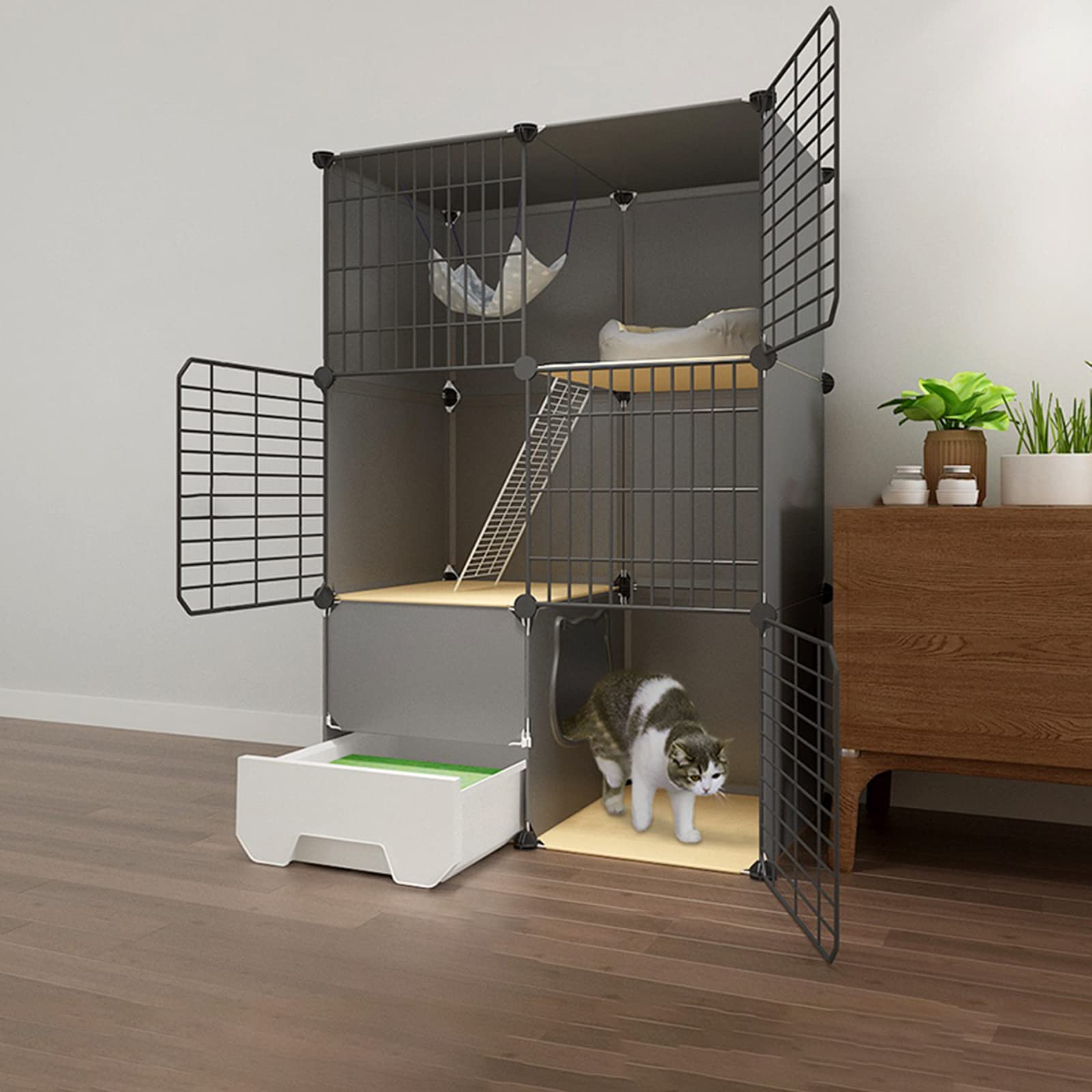 asdchZen Cat Cage With Litter Box,Collapsible Cat Cage,Pet Cages For S,Pet Cages For Small Animals,Portable Metal Wire Yard Fence With Door,White,111 * 95 * 111Cm,White-75 * 49 * 111cm