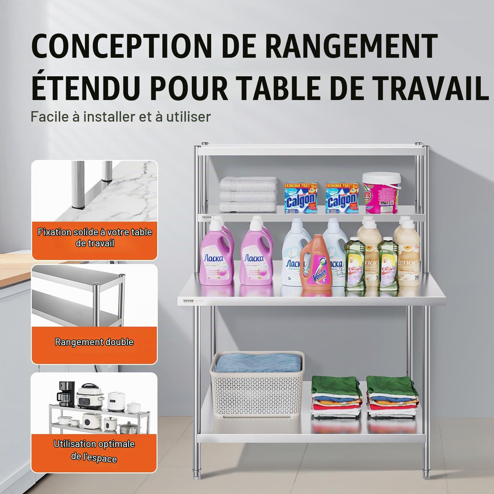 VEVOR Table de Travail en Acier Inoxydable, Étagère à Deux Niveaux 30,5 x 121,9 x 60 cm, Table de Préparation des Aliments à Hauteur Réglable, pour Cuisine, Restaurant et Atelier