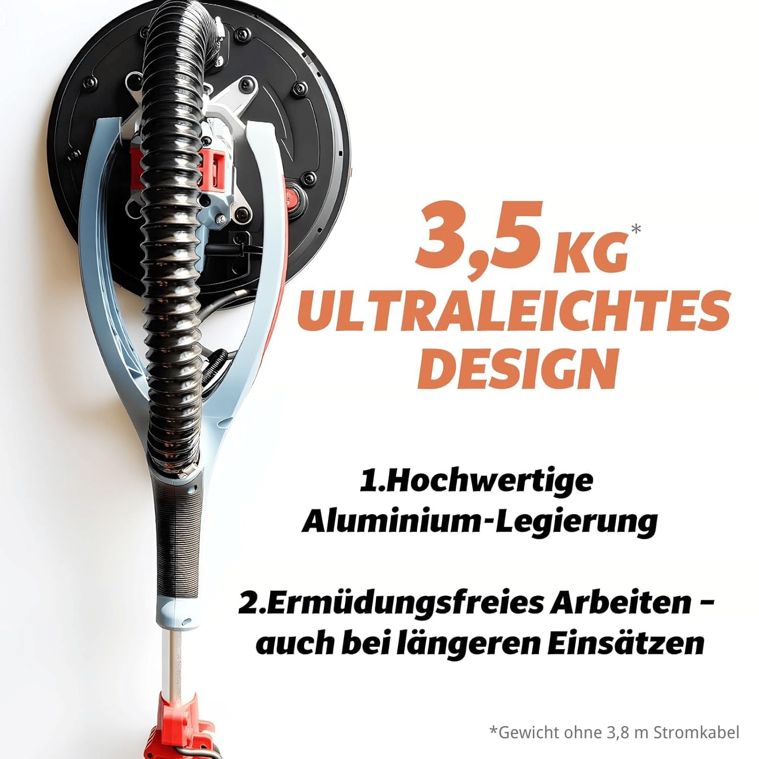 FANZWORK Trockenbauschleifer mit Bürstenlosem EC-Motor 900W, ULTRA-Leicht, 225mm Schleifgiraffe, bis 2300 U/min, Länge bis 1,9m, inkl. LED, 3,8m Kabel, Schleifscheiben, Sauger-Adapter, Tragkoffer