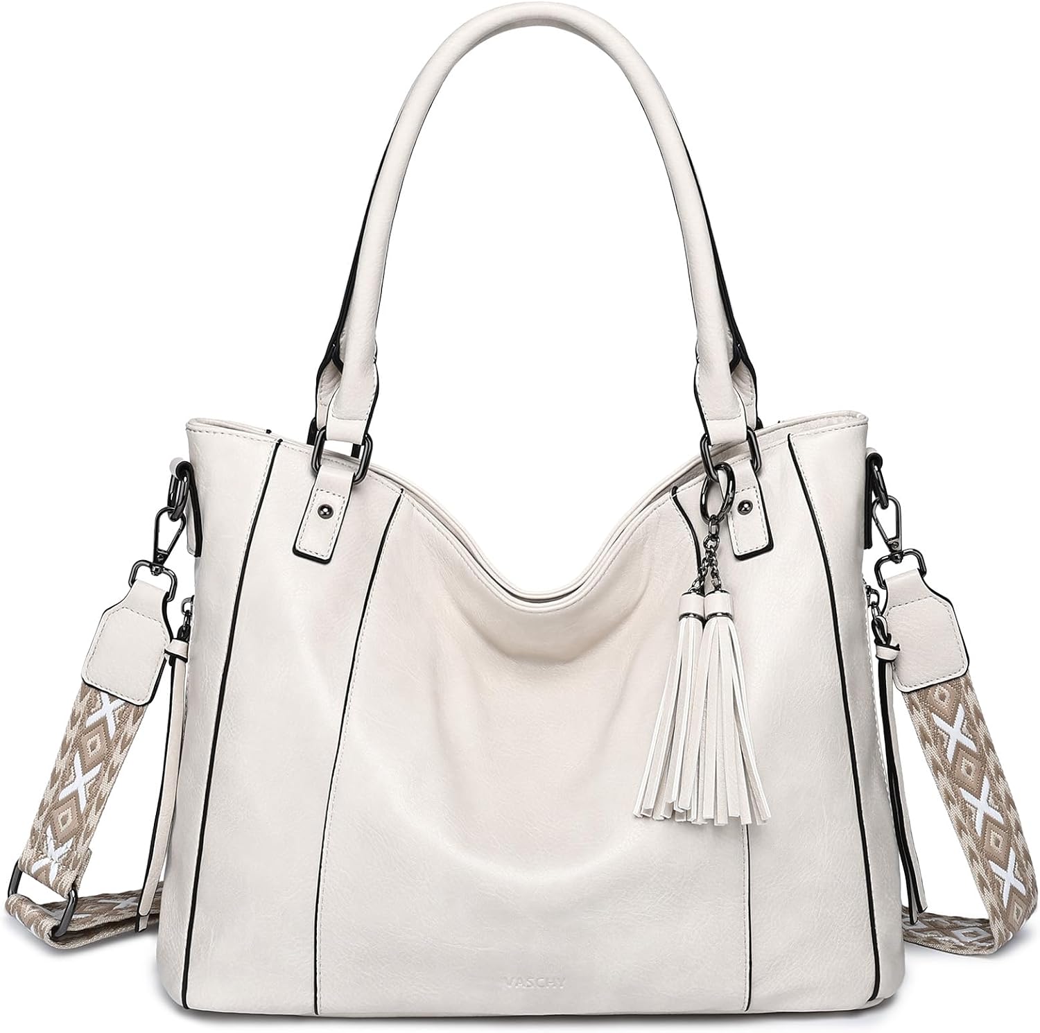 VASCHY Hobo Bag for Women, Leather Tote Bag Purse with Zipper Guitar Strap