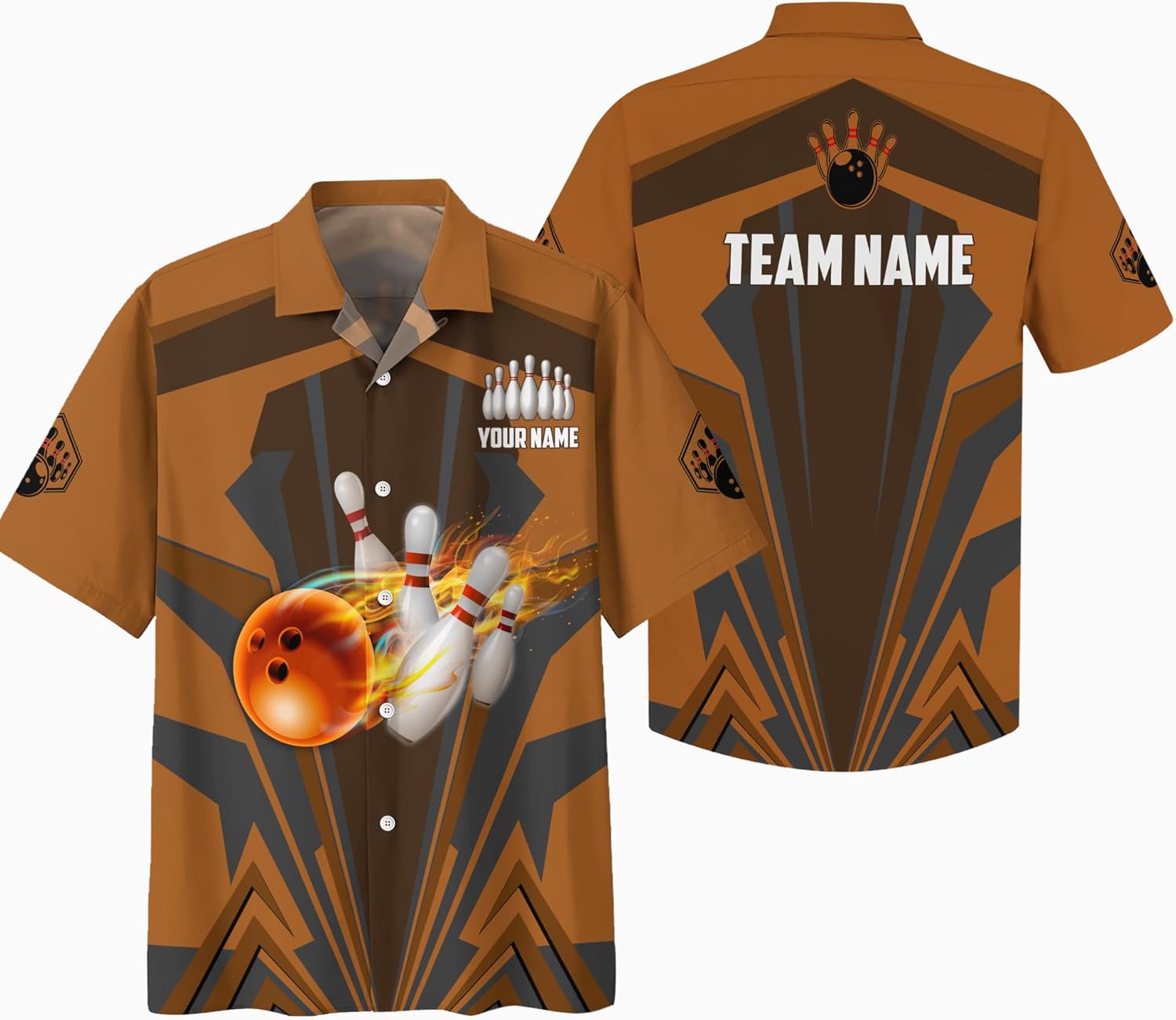 Custom Bowling Hawaii Print Button-Down Shirt with Orange Bowling Ball Flame and Geometric Pattern Graphic On it for Bowler