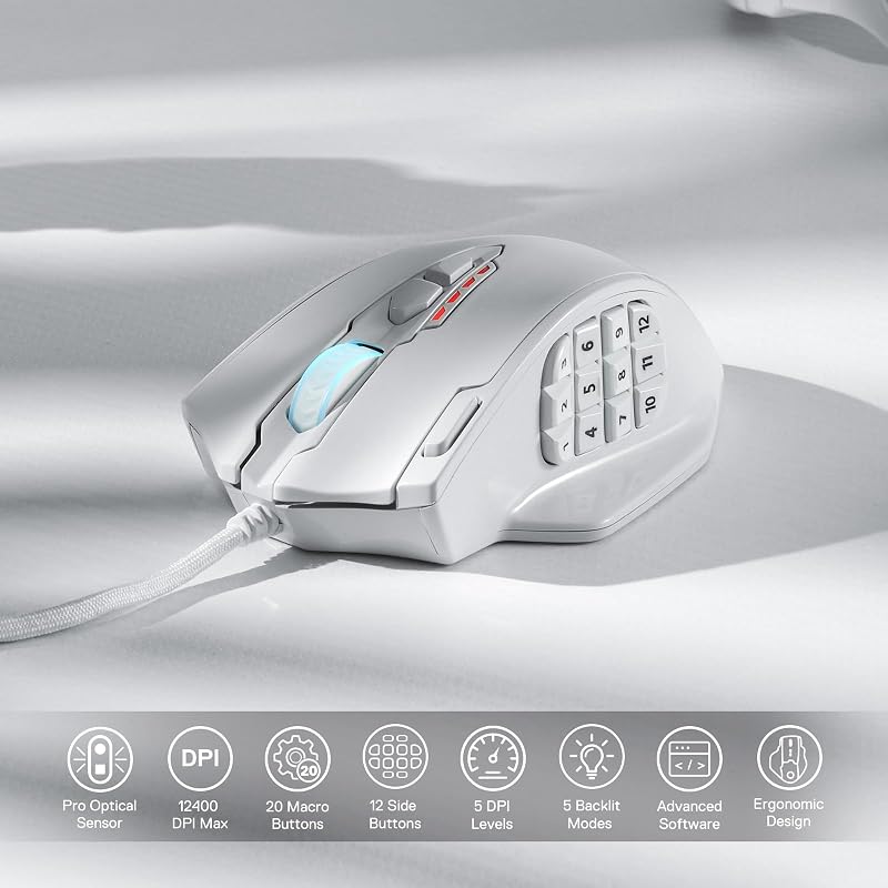 Redragon M908 Impact RGB LED gamer egér 12400 DPI optikai vezetékes fehér