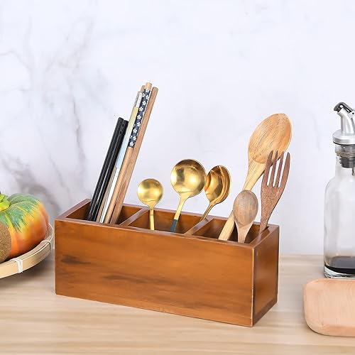 Miniatura 6 de dedoot Soporte remoto de madera para lápices, 3 compartimentos, organizador de madera marrón, 3 secciones, soporte rústico de control remoto para