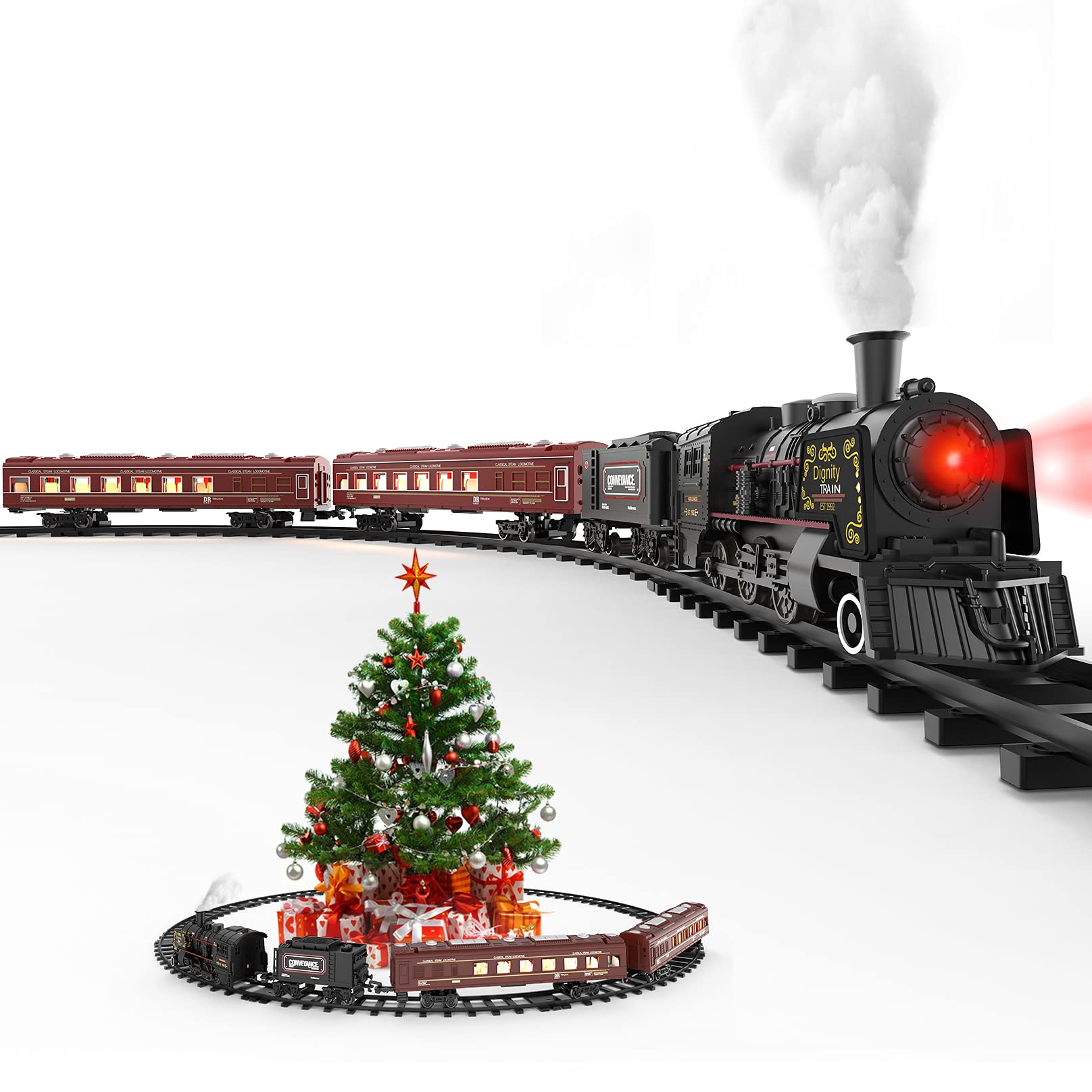 Hot Bee Train Set for Boys - Electric Train Set Toys w/Glowing Passenger Carriages, Steam Locomotive & Tracks, Metal Model Train Set, Christmas Train Set for 3 4 5 6 7 8+ Years Old Boys