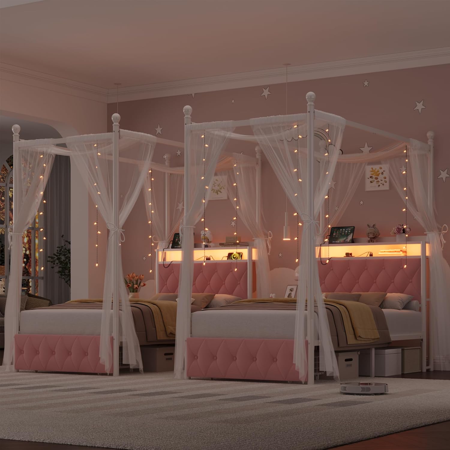 HIFIT Girls Twin Upholstered LED Canopy Bed Frame with Storage and Charging Station, Button Tufted Storage Headboard with Bookshelf, Two-Use Kids Metal Platform Bed w/4 Removable Post & 2 Drawer, Pink