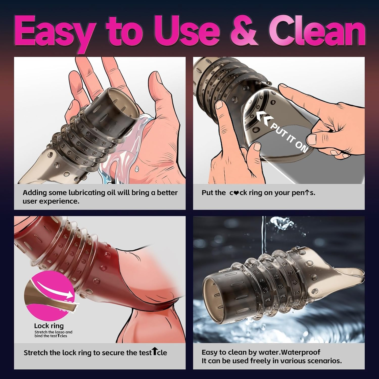 Cock Rings for Men, Reusable Penis Enlarge Sleeves Girth, Delay Ejaculation Stronger Erection Enhancement Sex Toys Silicone Penis Rings for Men - 2pcs - Transparent Black