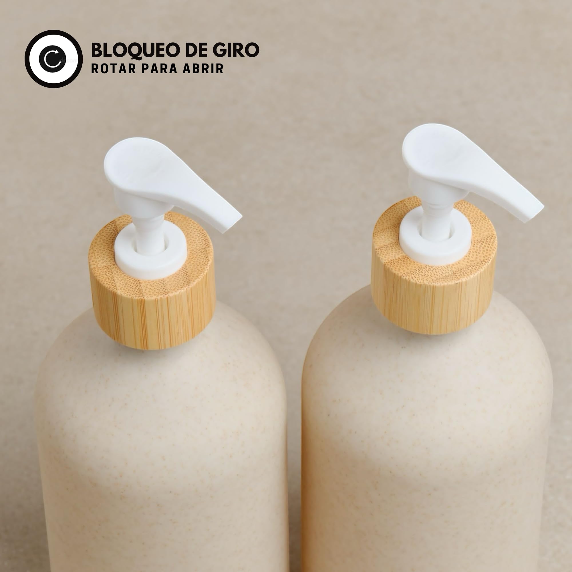 Dispensador jabon baño 500ml Beige con Detalle de bambú - Set de 3 Botes para Gel y champu acondicionador - Dosificador jabon baño Elegante y Funcional para Mantener la Ducha ordenada y Decorada