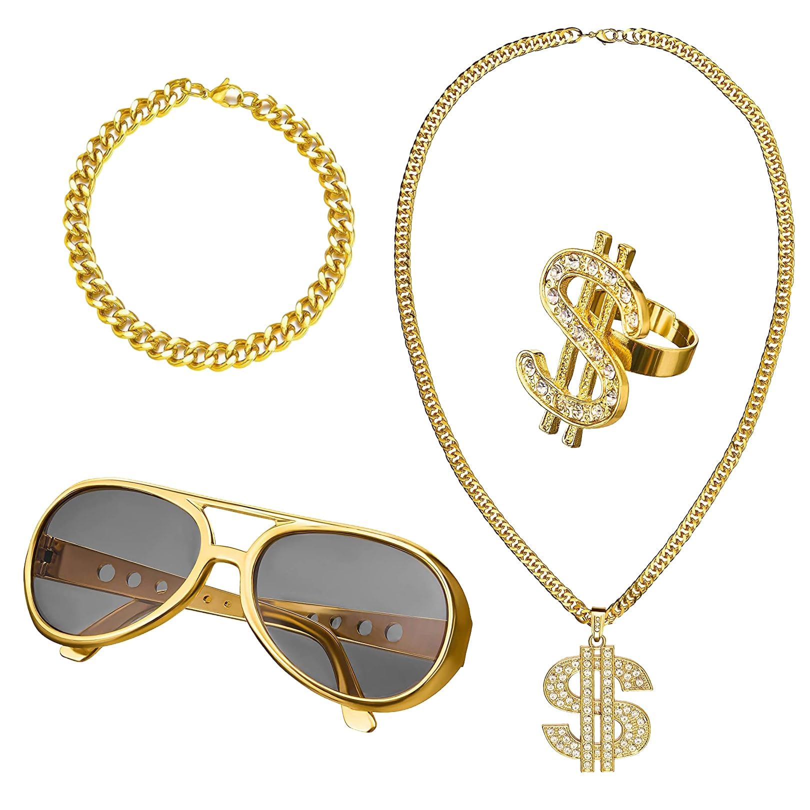 Hip Hop Costume Accessories Set,Fake Gold Chain Men,Halloween/Christmas/80s/90s Fancy Dress Costumes,Dollar Necklace,Dollar Ring,Hippie Glasses Mens,Accessories for Rapper/Boys/Girls Disco Party