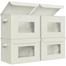 Univivi Fabric Foldable Storage Boxes with Lids [4-Pack] Collapsible Storage Bins for Clothes Closet Organizers with Handles Storage Cube Basket for Home, Office, Bedroom Beige, 17"" x 12"" x 12""