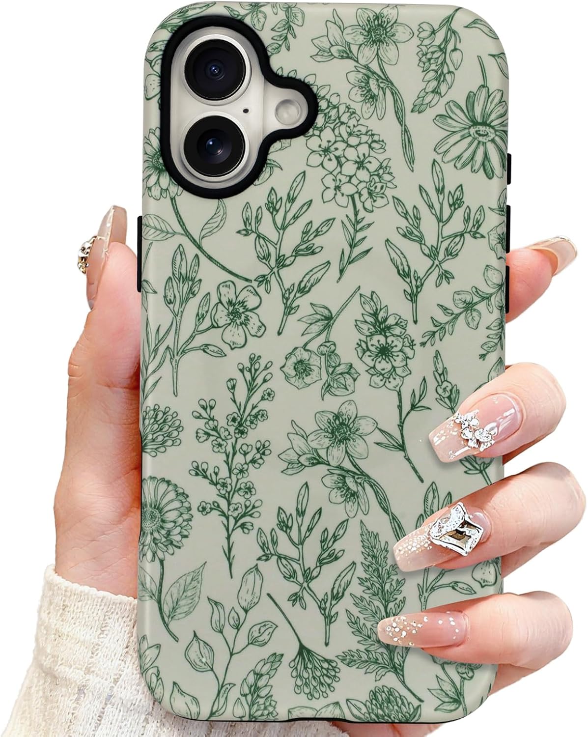 SOKAD Magnetic Sage Floral Phone Case for iPhone 16, Vintage Green Flower Pattern Compatible with Magsafe Matte Protective Case Cover with Screen Protector for Girls Women