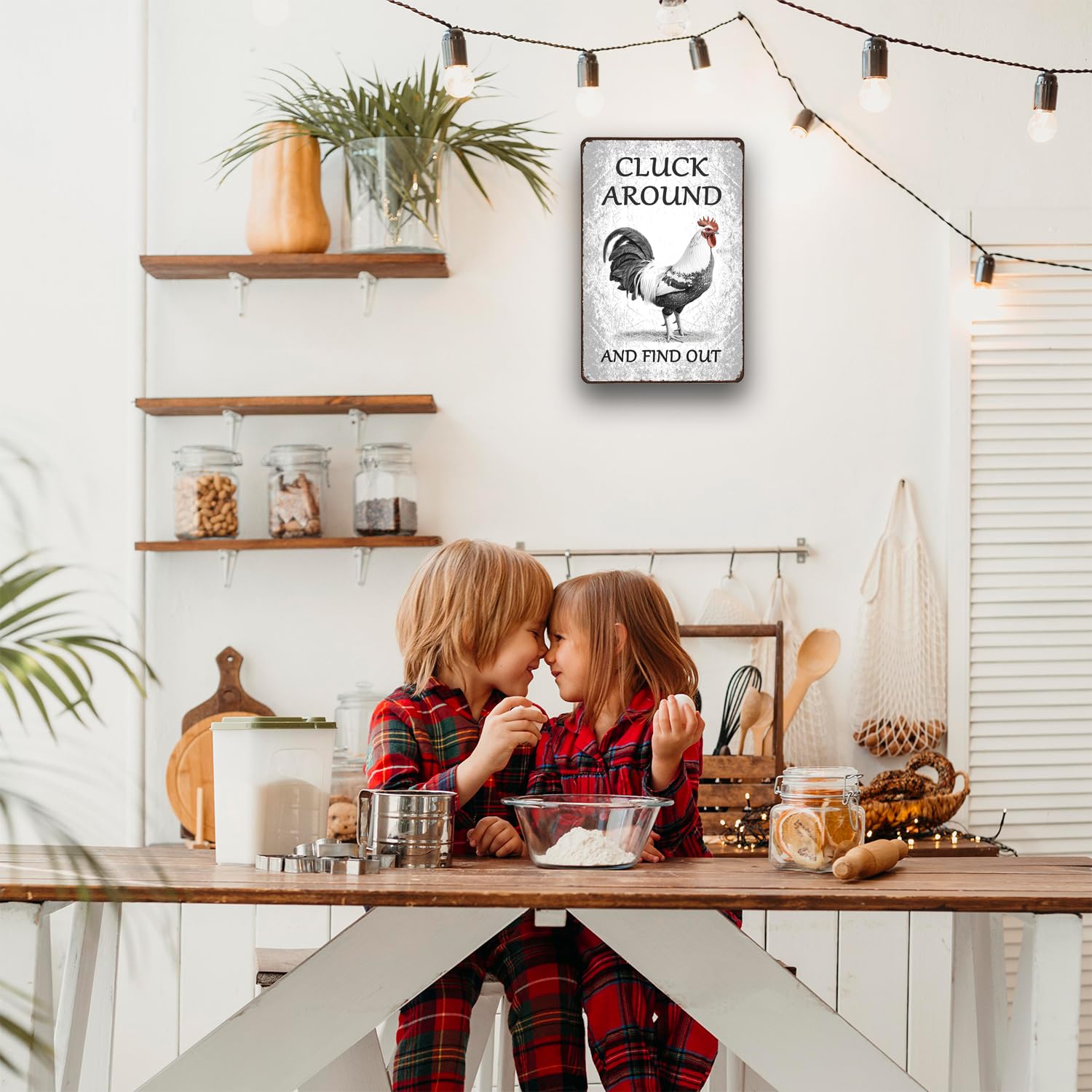 Metallschild „Cluck Around And Find Chicken“ – Lustige Wanddekoration Für Küche, Wohnzimmer, Bad Oder Kinderzimmer