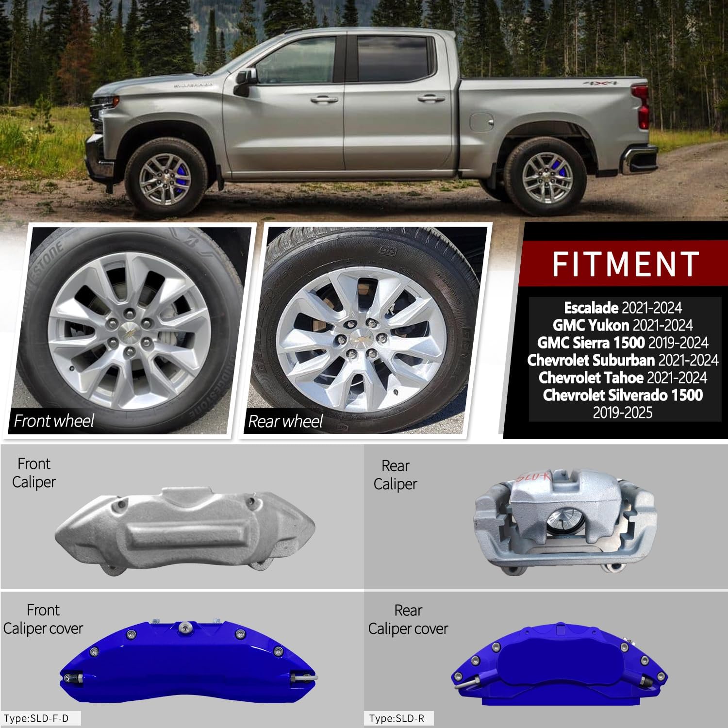 AOOA Aluminum Dark Blue Caliper Covers Fits Chevrolet Silverado 1500(2019-2025) and Escalade SuburbanTahoe 2021-2024,GMC Yukon 2021-2024,GMC Sierra 1500 (2019-2024)（Set of 4）