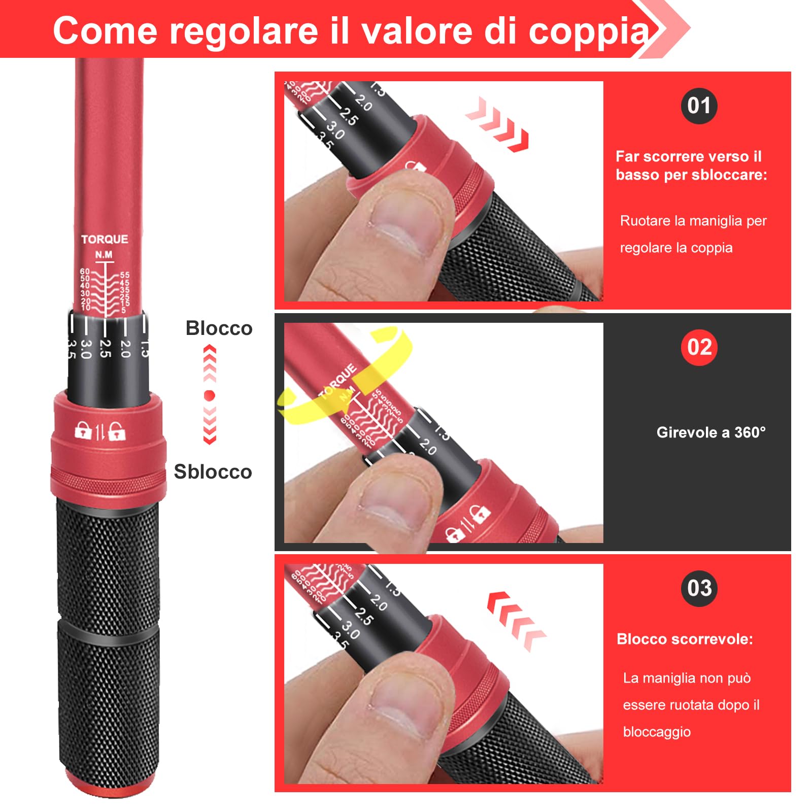 ATsafepro Chiave Dinamometrica 3/8'',5-60 Nm, Precisione ±3% con 72 Denti, Chiave Dinamometrica per Bicicletta, Moto e Auto Manutenzione del Veicolo