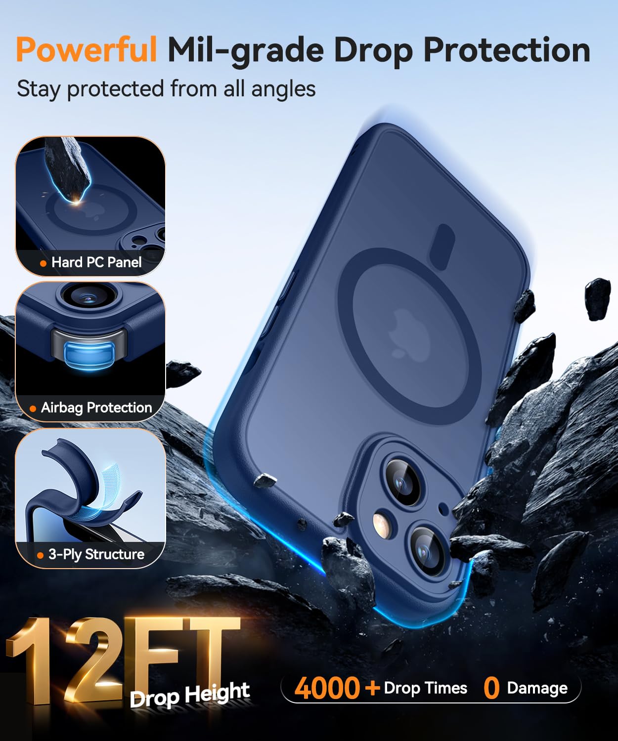 CANSHN Cover Magnetica per iPhone 14(6,1 Pollici), Compatibile con MagSafe, [Protezione Completa Della Fotocamera], Custodia Traslucida Opaca Protettiva Sottile Antiurto,Blu Profondo